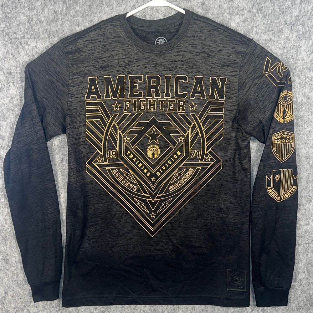 American Fighter Men's Long Sleeve Training Shirt Black Gold Graphic Medium